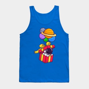 Cute Astronaut In Box Floating With Planet Balloon Cartoon Tank Top